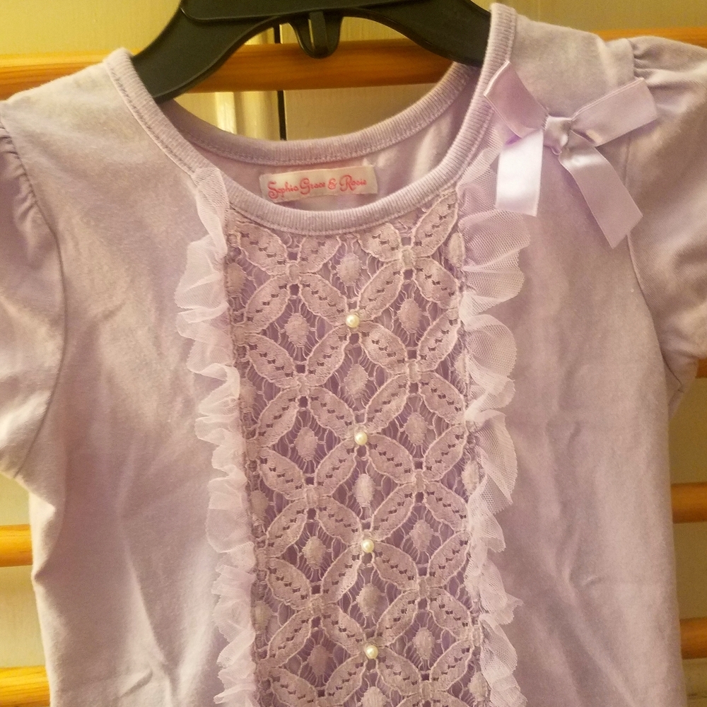 Lavender SS Dressy Shirt 7/8 Pearls Lace Lattice